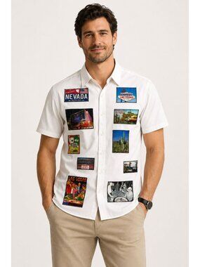 STOCK Vic Vegas Short Sleeve Patchwork Button Down Shirt White Size XL NWT